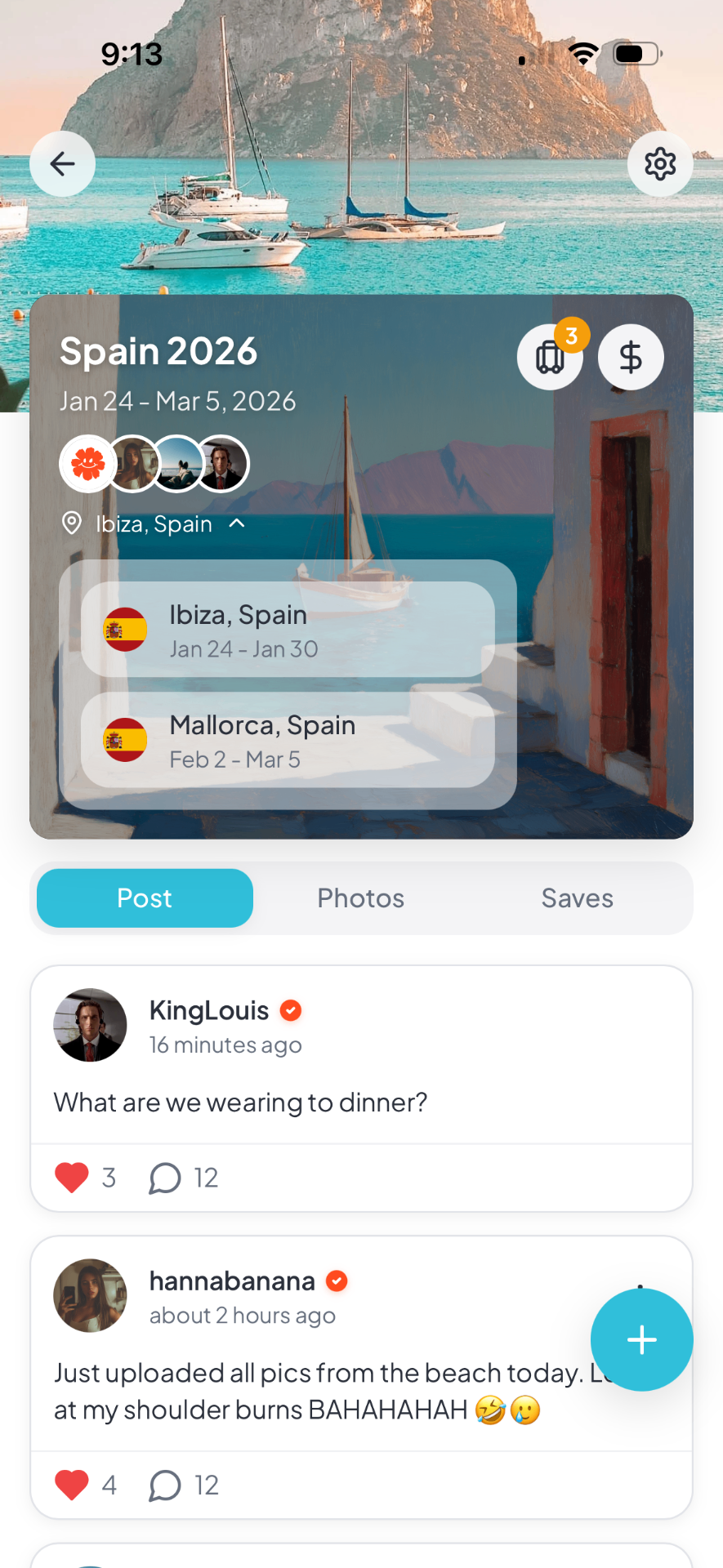 Packed app group trip planning with shared itinerary and social feed