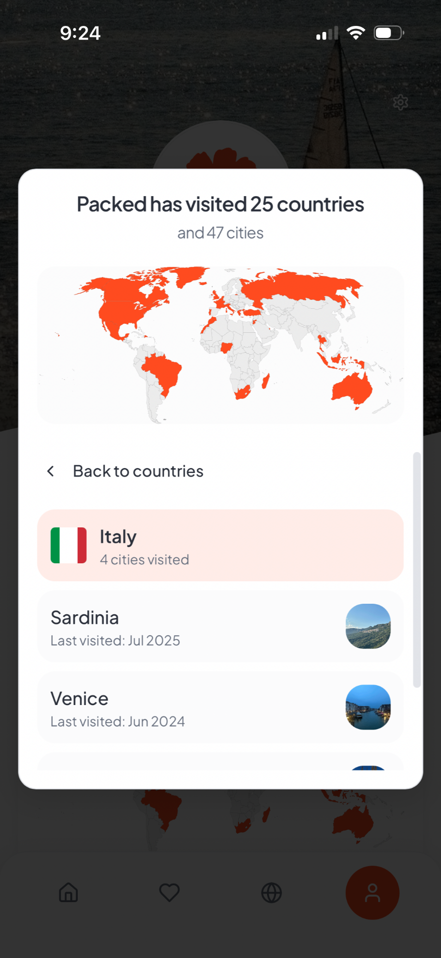 Packed app travel map showing countries and cities visited on profile